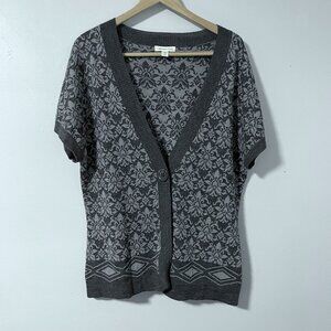 Coldwater Creek‎ 1-Button Short Sleeve Cardigan Sweater Gray Damask L Wool Blend